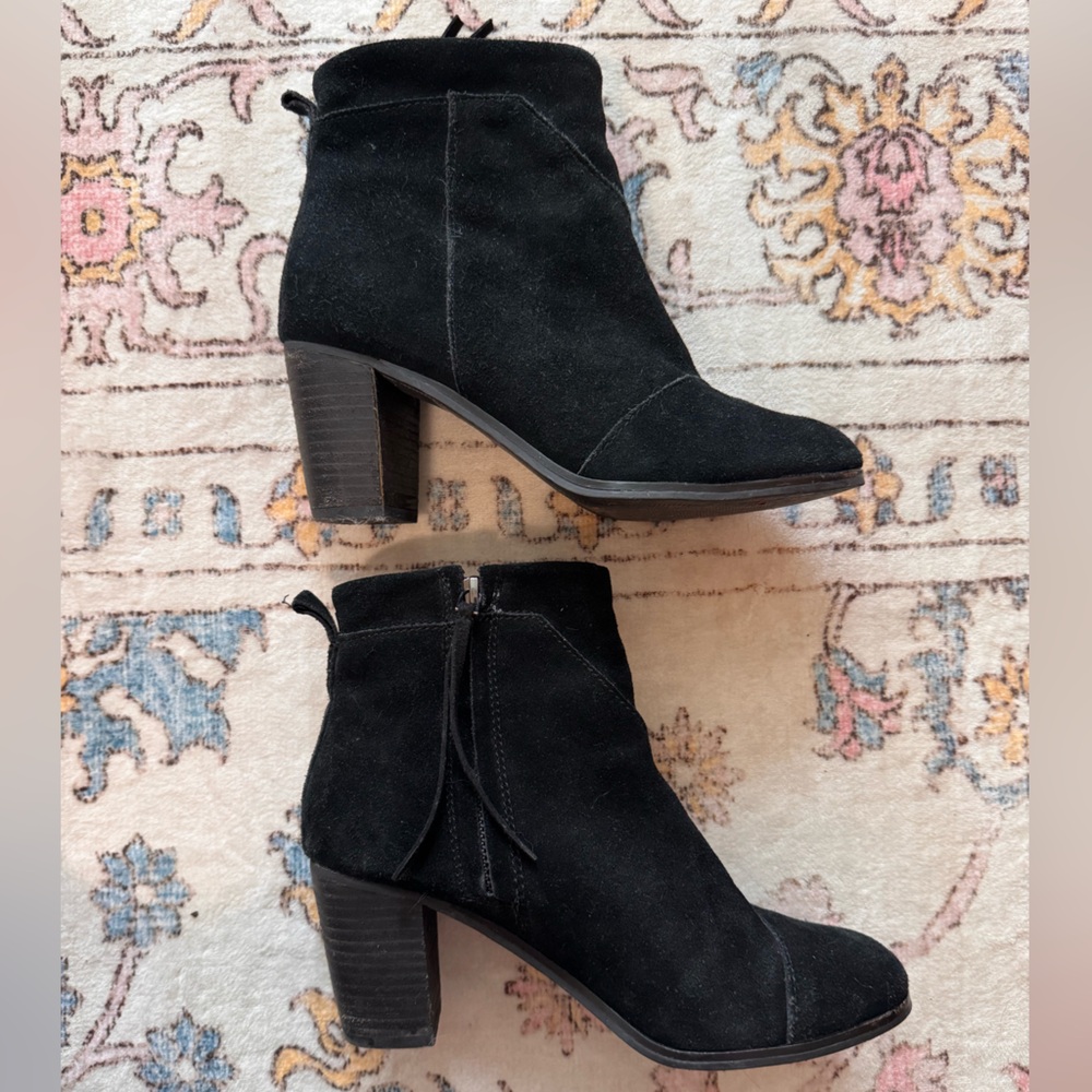 Toms Black Suede Ankle Booties with Block Heel